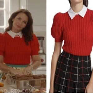 Alice + Olivia Red Puff Sleeve Sweater with White Collar